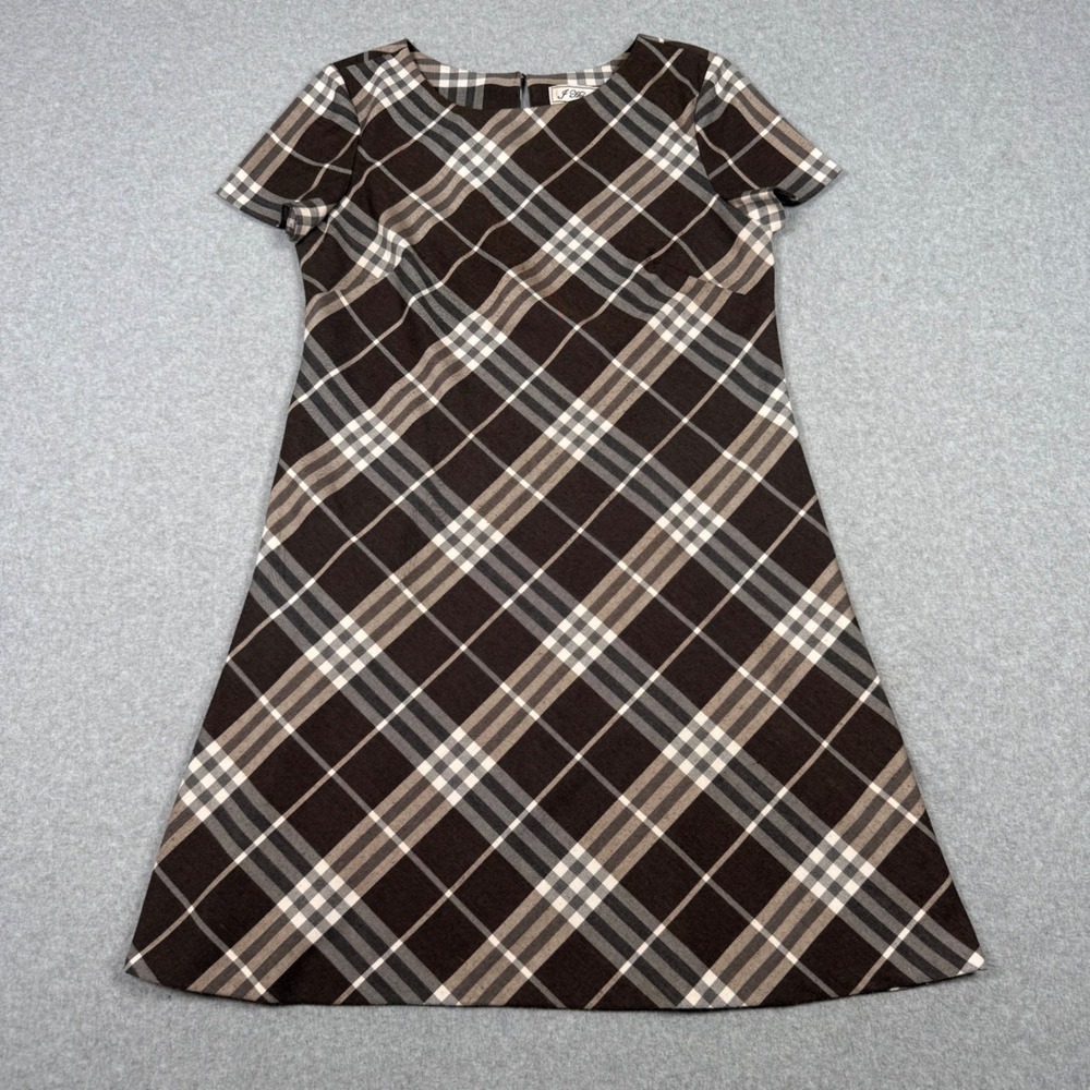 J Howard Vintage 90s Brown Plaid Short Sleeve A-Line Shift Dress Women Size 10